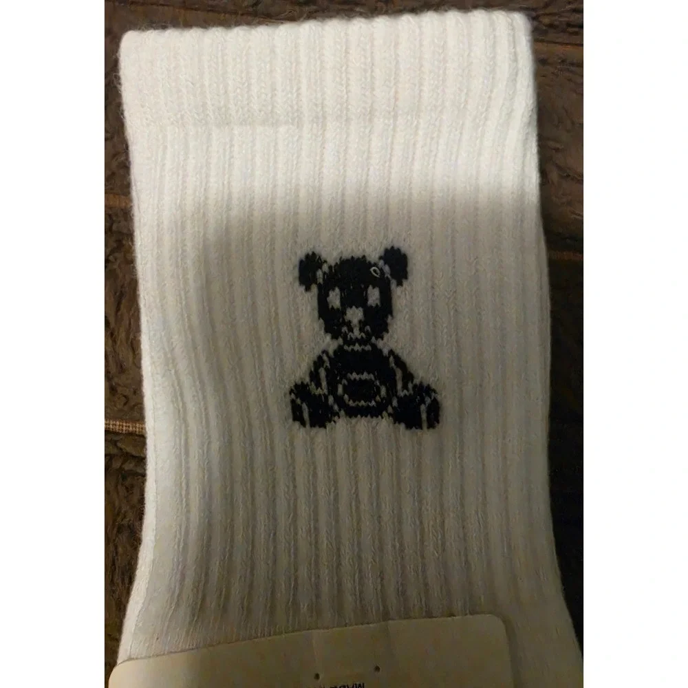 Zenana White Teddy Bear Ribbed Crew Socks One Size NWT